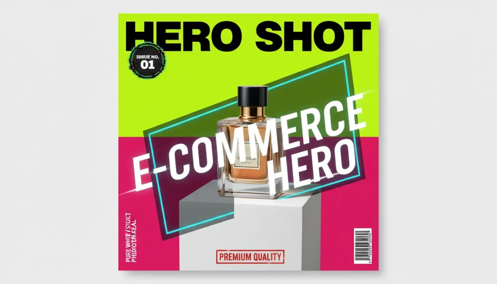 AI-generated e-commerce hero shot: perfume bottle on white studio background with professional lighting