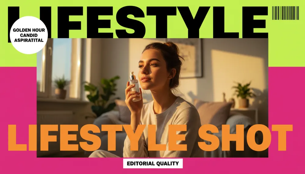 AI-generated lifestyle product shot: woman using skincare product in a bright modern apartment with warm golden light