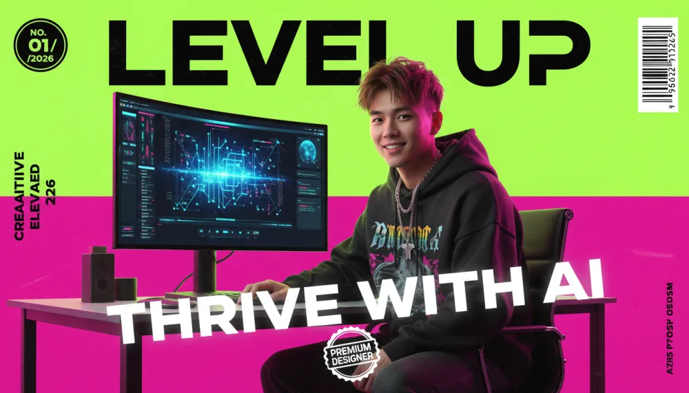 Professional designer thriving with AI tools — using iMini AI on dual screens in a modern studio