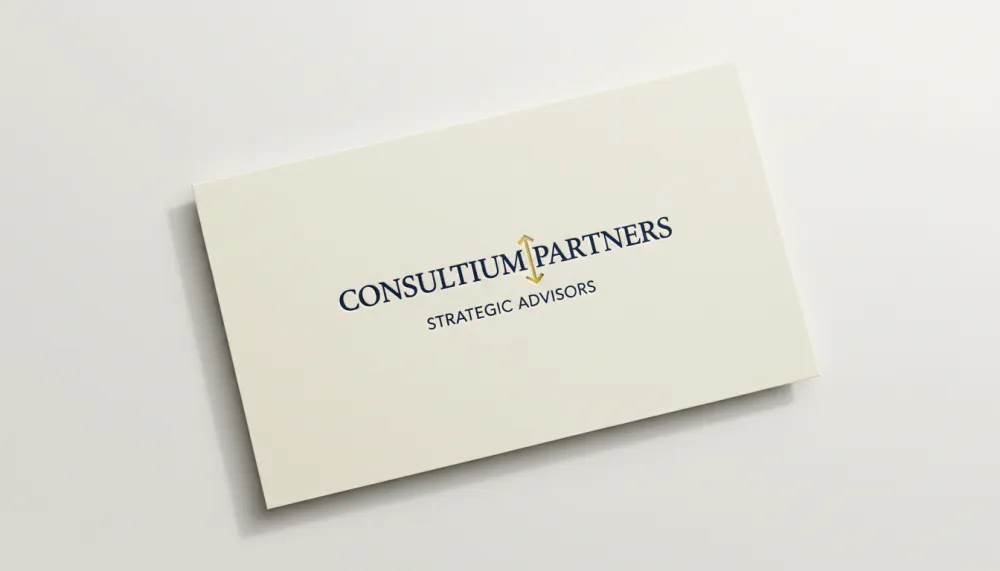 Professional consulting firm logo — refined navy serif wordmark with gold accent