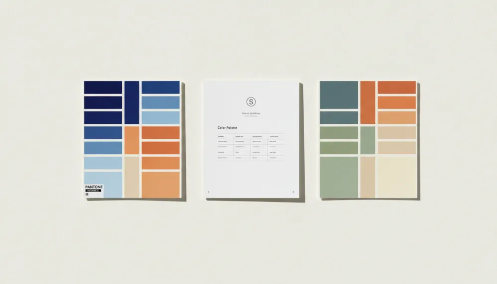 Brand color palette development with Codex AI — four different brand personality palettes showing primary, accent, neutral and text colors