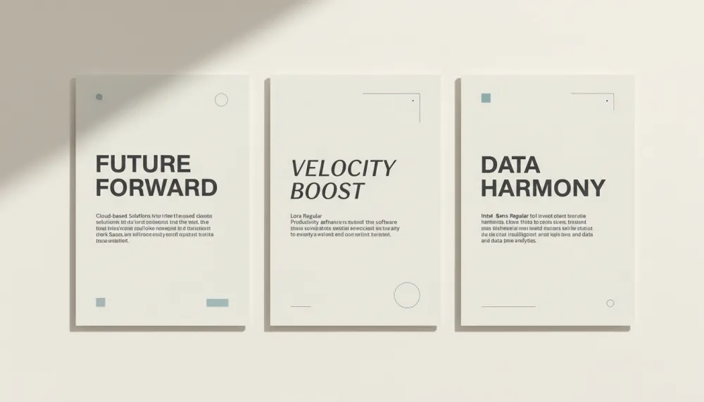 Typography pairing examples for brand identity — three different font pairing options showing headline and body text combinations
