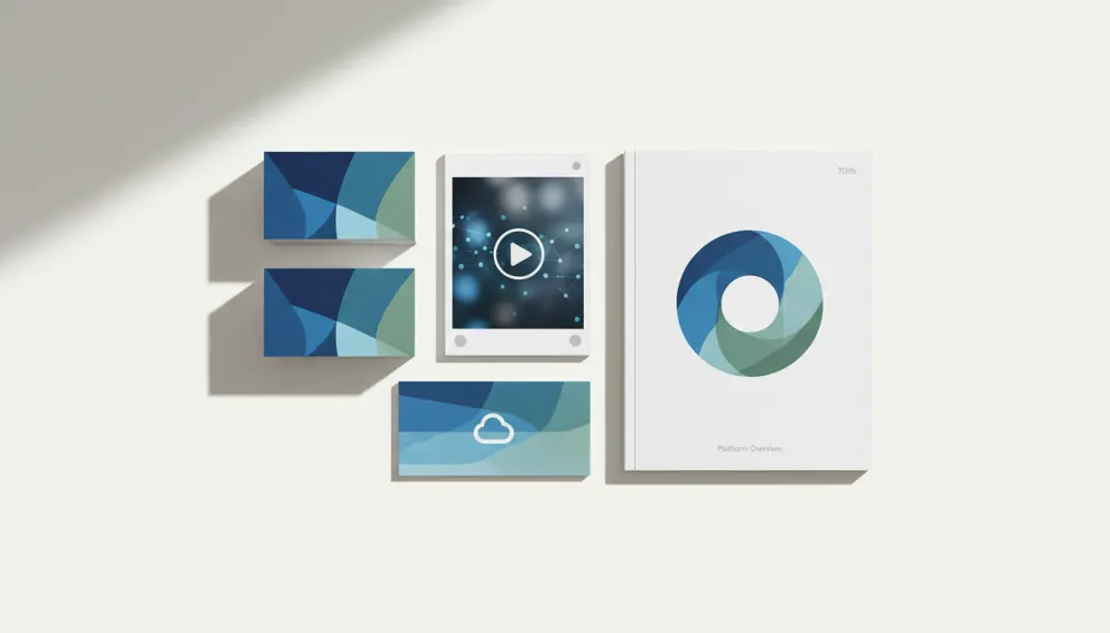 Brand asset mockup collection with Codex AI — business cards, social media templates, email banners and brand pattern floating in 3D space