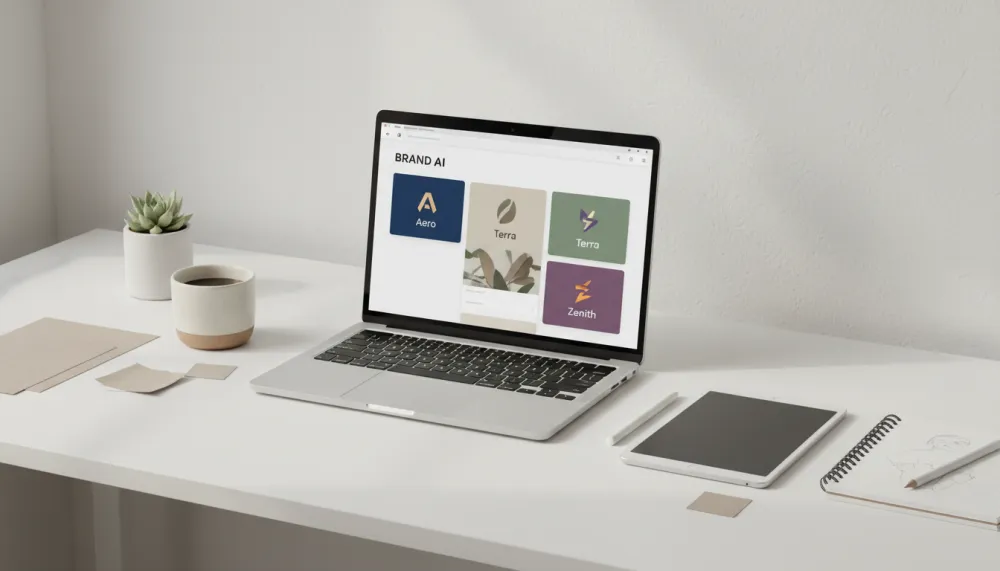 iMini AI brand identity workflow — multi-model canvas showing brand brief, AI-generated logo concepts, color palette and typography suggestions