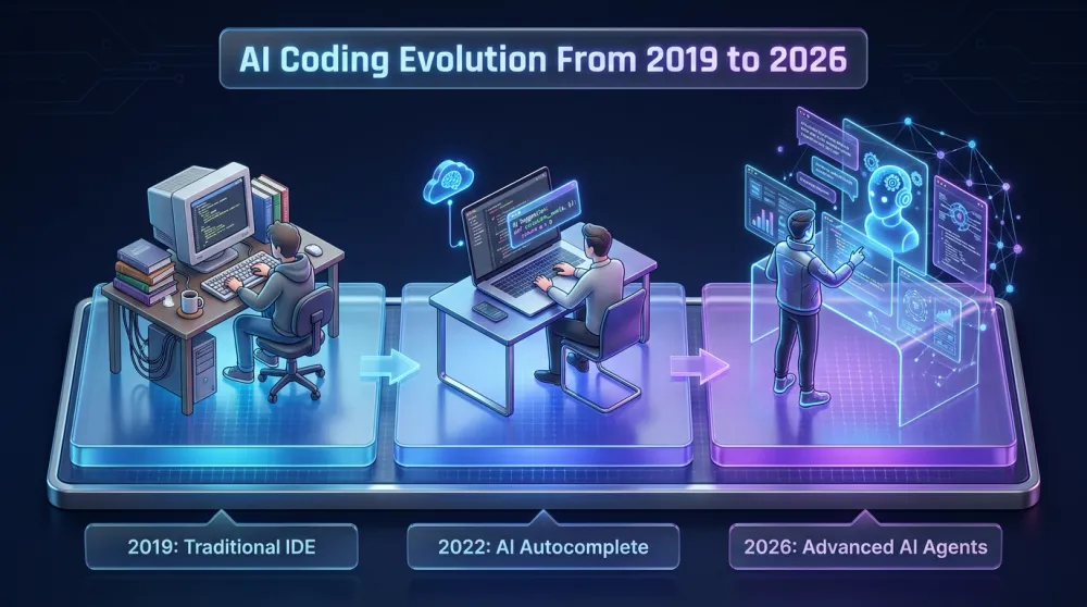 Isometric diorama showing the evolution of AI coding tools from 2019 to 2026