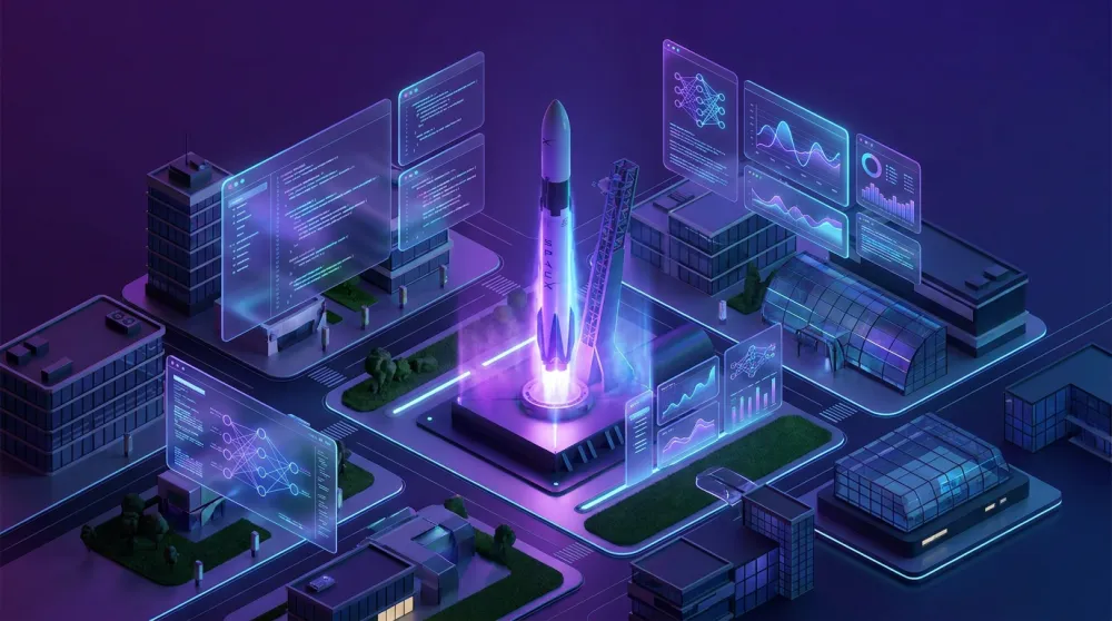 Futuristic visualization of a SpaceX rocket launching alongside holographic AI coding interfaces and neural networks