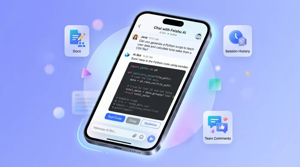 Mobile Feishu interface showing Claude Code AI agent replies with code and interactive buttons