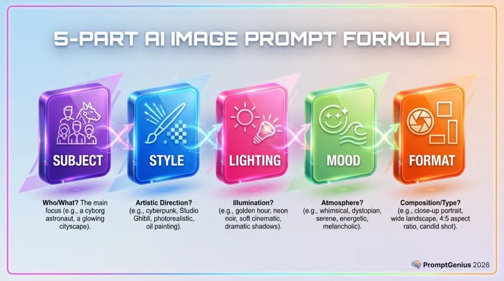 The 5-Part AI Image Prompt Formula — Subject, Style, Lighting, Composition, Quality