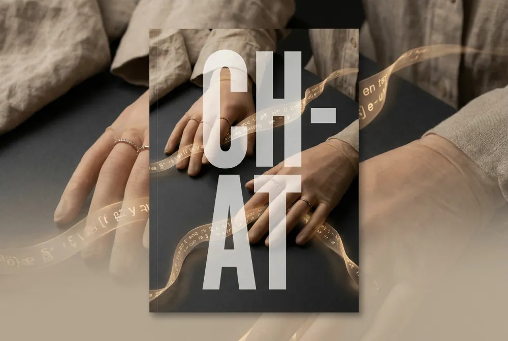 Editorial close-up of hands with glowing language tokens flowing like silk, bold CHAT typography overlay, linen fabric background