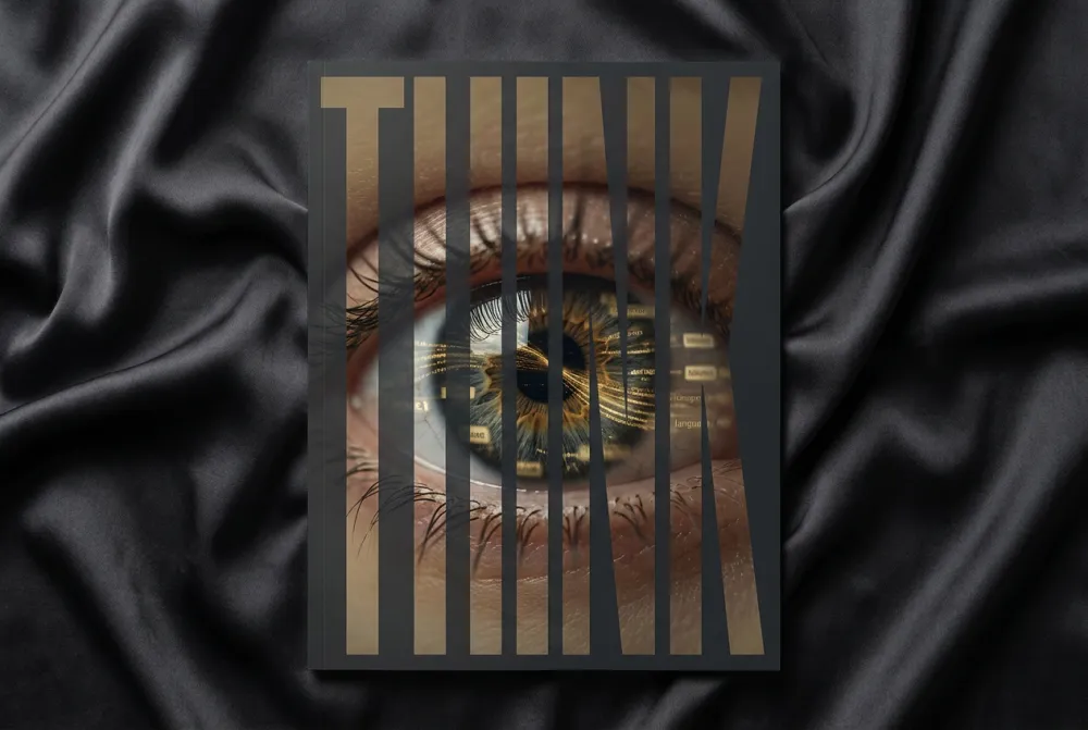 Editorial extreme close-up of a human eye reflecting data streams, bold THINK typography overlay, dramatic chiaroscuro lighting