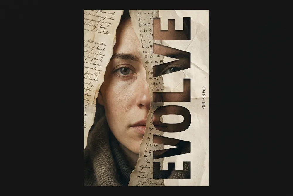 Editorial portrait of a face emerging from layers of text-covered parchment, bold EVOLVE typography overlay, high-fashion lighting