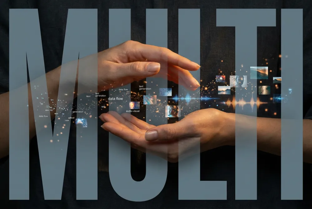 Editorial close-up of two hands with multimodal AI content flowing between them as glowing particles, bold MULTI typography overlay