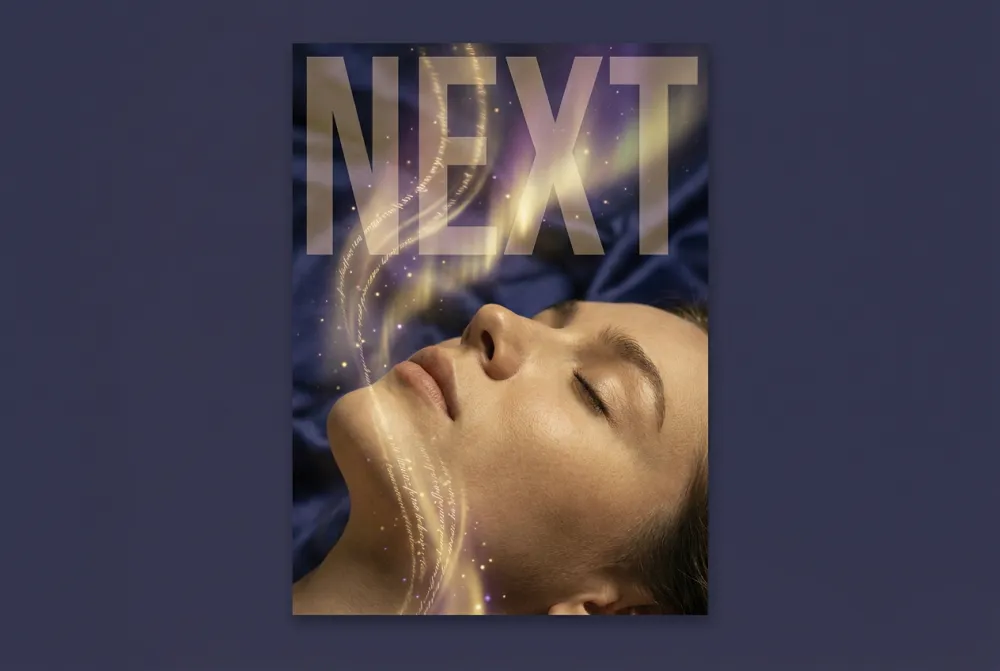 Editorial portrait of a face looking upward with language tokens rising like aurora, bold NEXT typography overlay, indigo and gold palette