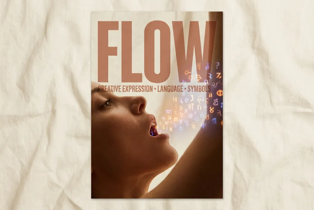 Editorial portrait of a person with language tokens flowing like breath from their lips, bold FLOW typography overlay, warm terracotta palette