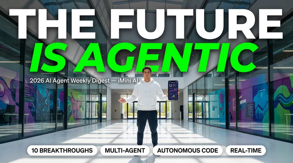 The Future Is Agentic — three developers holding up devices in colorful tech hub, commercial product ad style