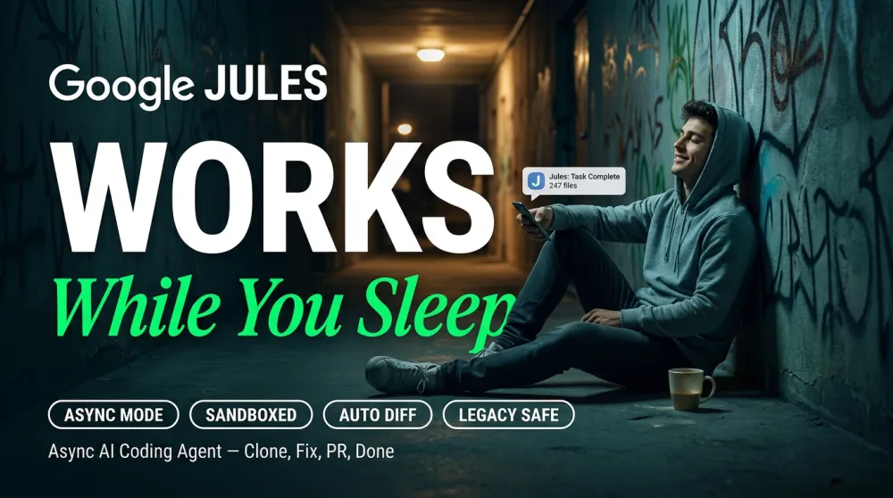 Google Jules — relaxed developer sitting on floor at night with phone showing task complete notification, WORKS While You Sleep overlay