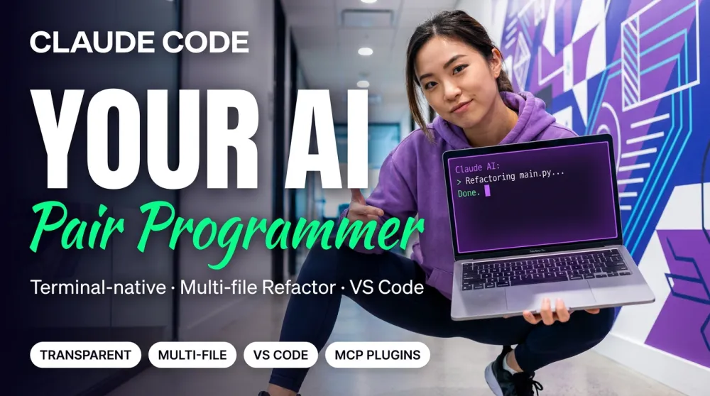 Claude Code — developer in purple hoodie squatting and holding MacBook toward camera showing Claude AI terminal, YOUR AI Pair Programmer overlay