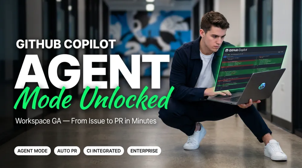GitHub Copilot Workspace — developer squatting with laptop showing code diff, AGENT Mode Unlocked overlay, urban GitHub-themed mural background