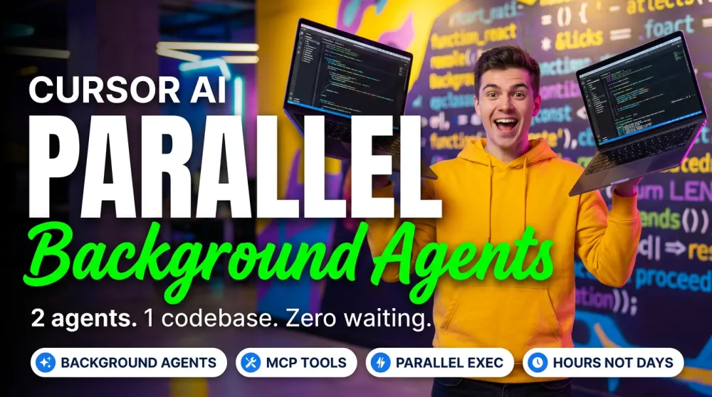 Cursor AI — developer in yellow hoodie holding two laptops simultaneously, PARALLEL Background Agents overlay, neon-lit tech hub