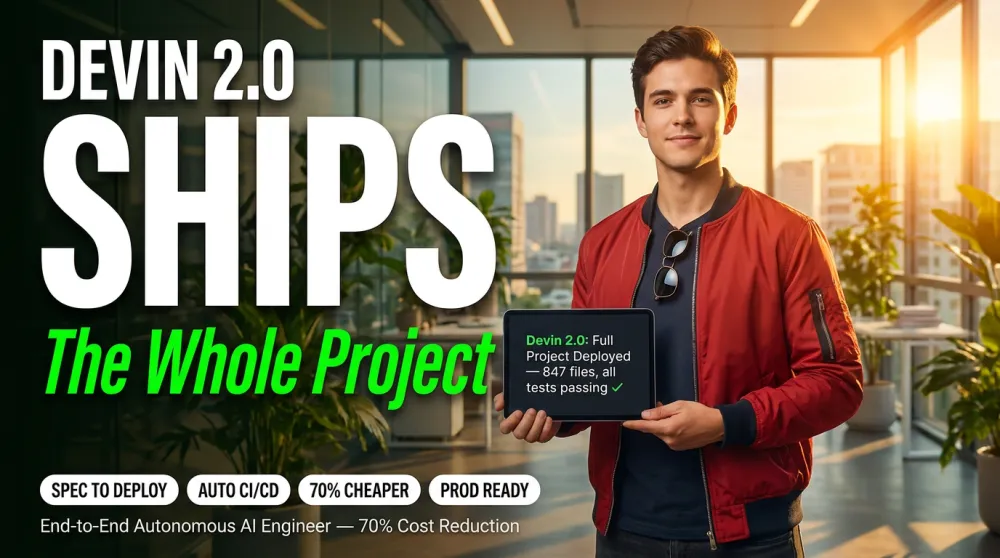 Devin 2.0 — developer in red bomber jacket standing tall holding tablet showing deployment complete, SHIPS The Whole Project overlay