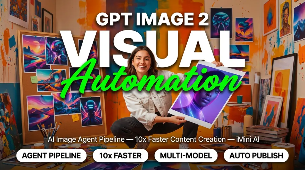 GPT Image 2 — creative director in white jacket squatting and holding up AI-generated editorial photo, VISUAL Automation overlay, creative studio background