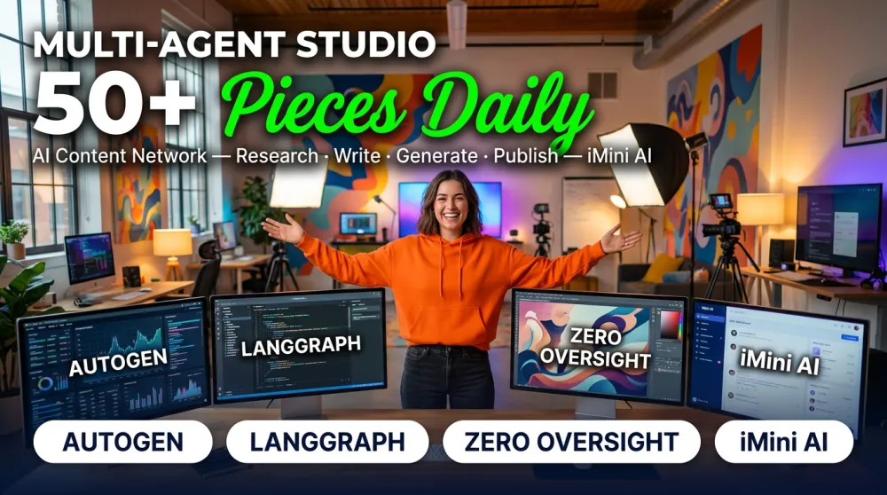 Multi-Agent Studio — content manager in orange hoodie with arms wide open, four glowing monitors showing different AI outputs, 50+ Pieces Daily overlay
