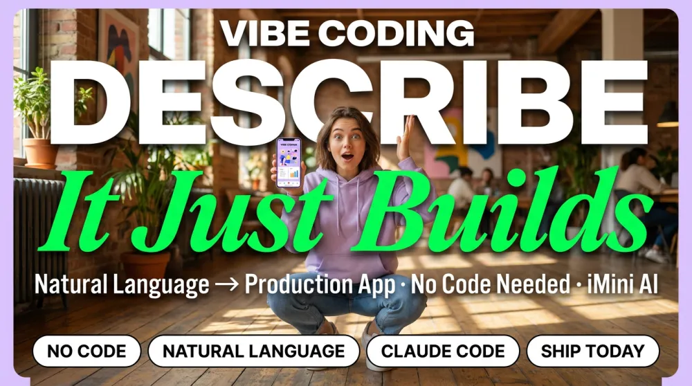 Vibe Coding — person in lavender hoodie holding phone showing complete app, DESCRIBE It Just Builds overlay, bright co-working space
