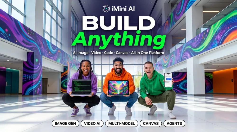 iMini AI — three diverse developers each holding a different device, Build Anything overlay, vibrant tech hub with colorful murals