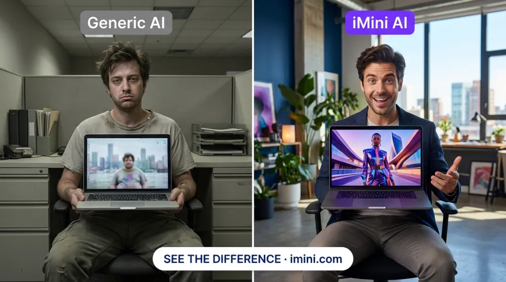 Before vs After: left shows blurry generic AI output, right shows sharp vibrant professional iMini AI quality
