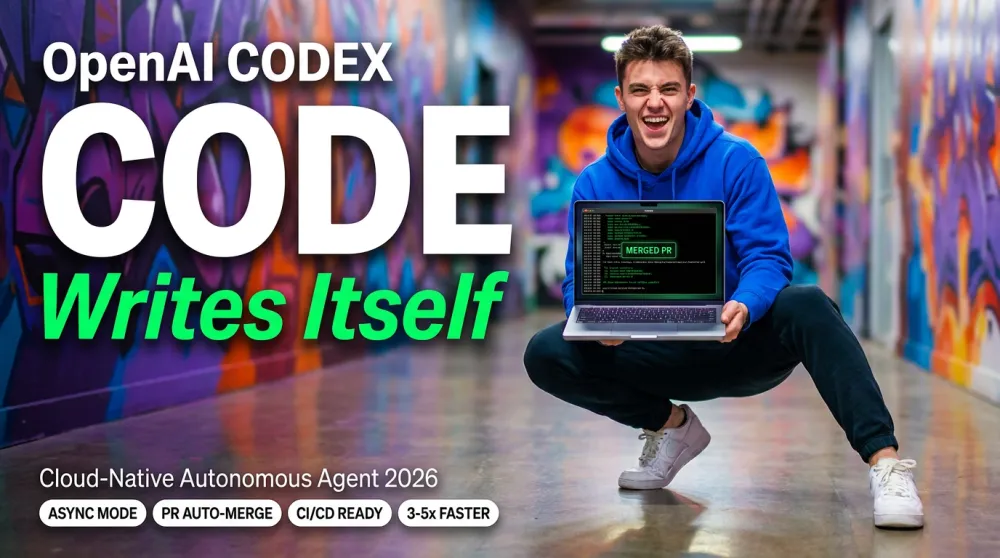 OpenAI Codex — developer in cobalt hoodie crouching and holding laptop toward camera, CODE Writes Itself text overlay, graffiti mural background