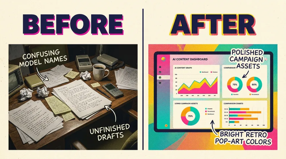Before and after comparison of choosing the best AI model for content creation in 2026