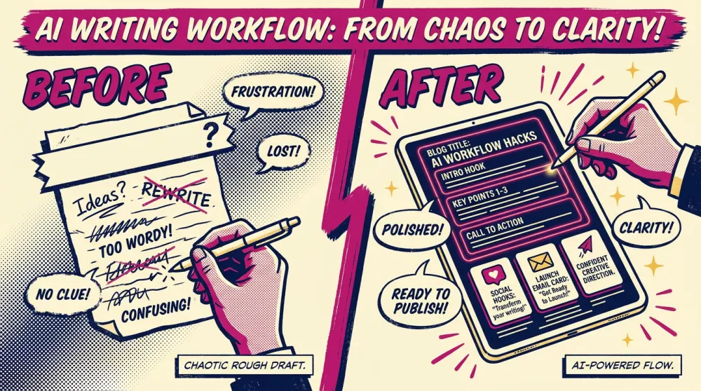 Before and after AI writing workflow created with GPT-style agentic content planning