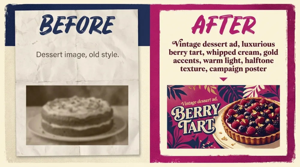 Before and after AI image and video prompt transformation for creators