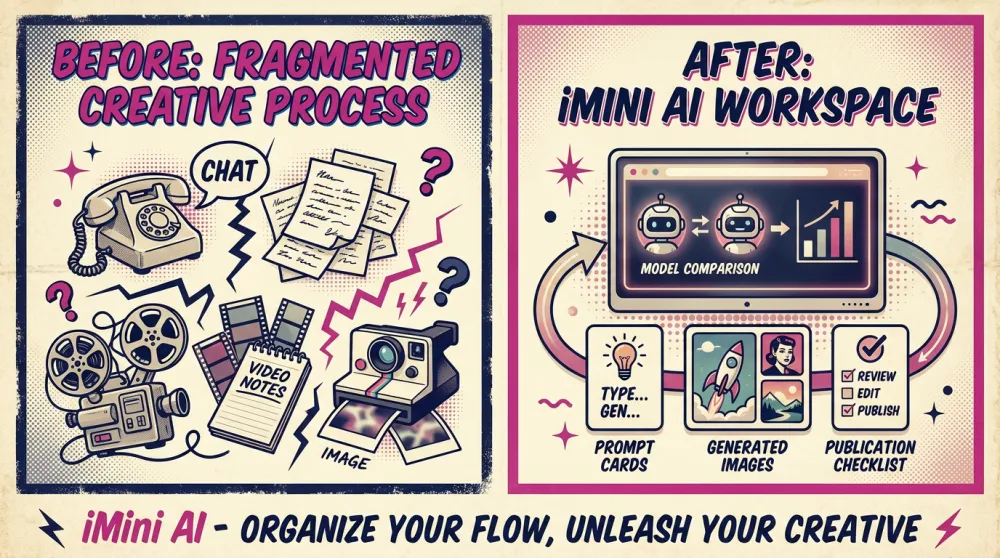 Before and after creative workflow organized in iMini AI
