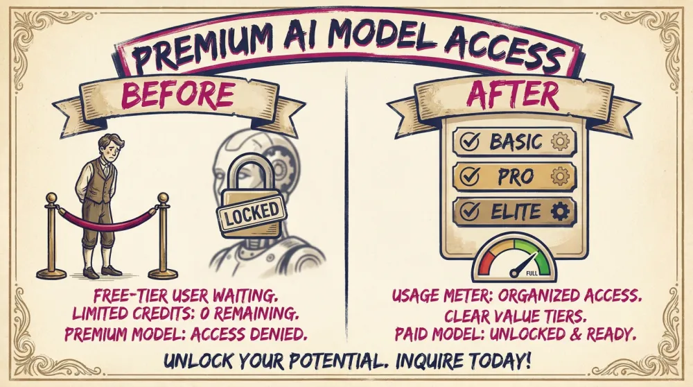 Before and after poster showing premium AI model access as a product feature
