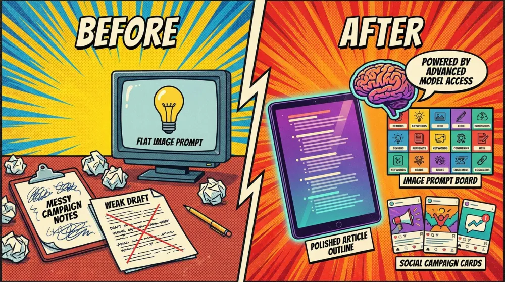 Before and after creator workflow using advanced AI model access
