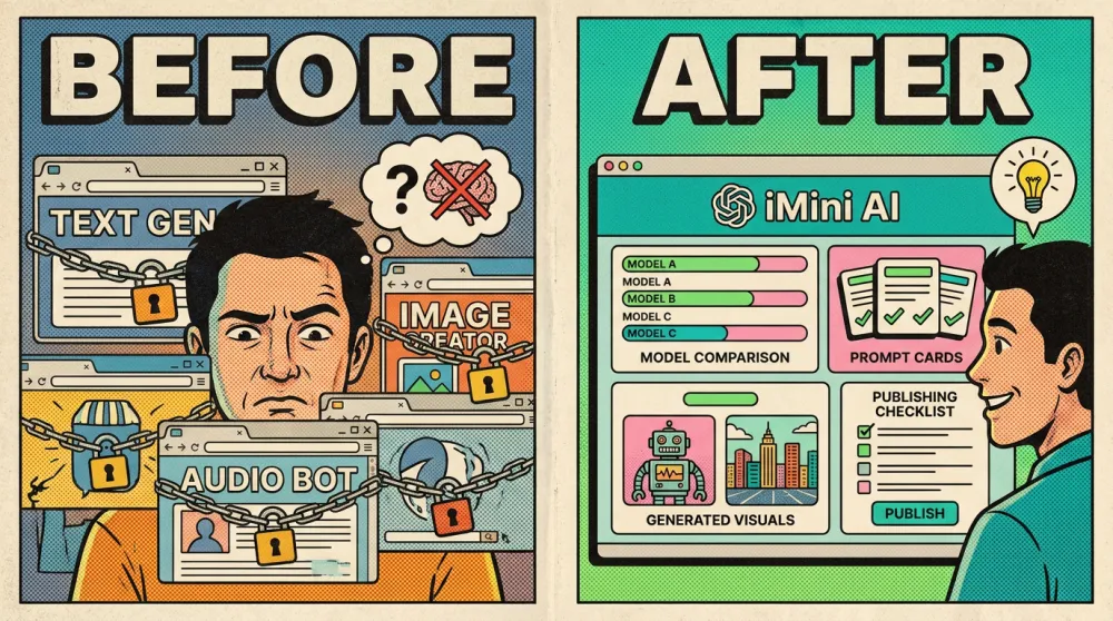 Before and after iMini AI multi-model creative workspace