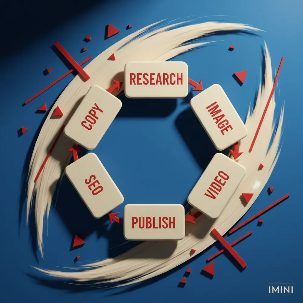 iMini workflow map from model news to publishable campaign assets
