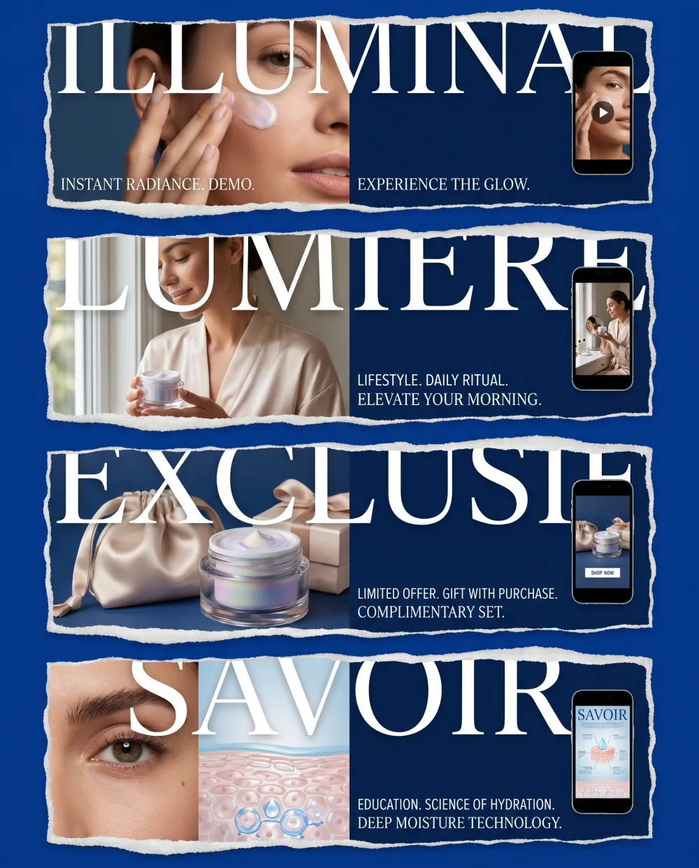 Magazine spread of AI video ad variants made from one iMini campaign brief