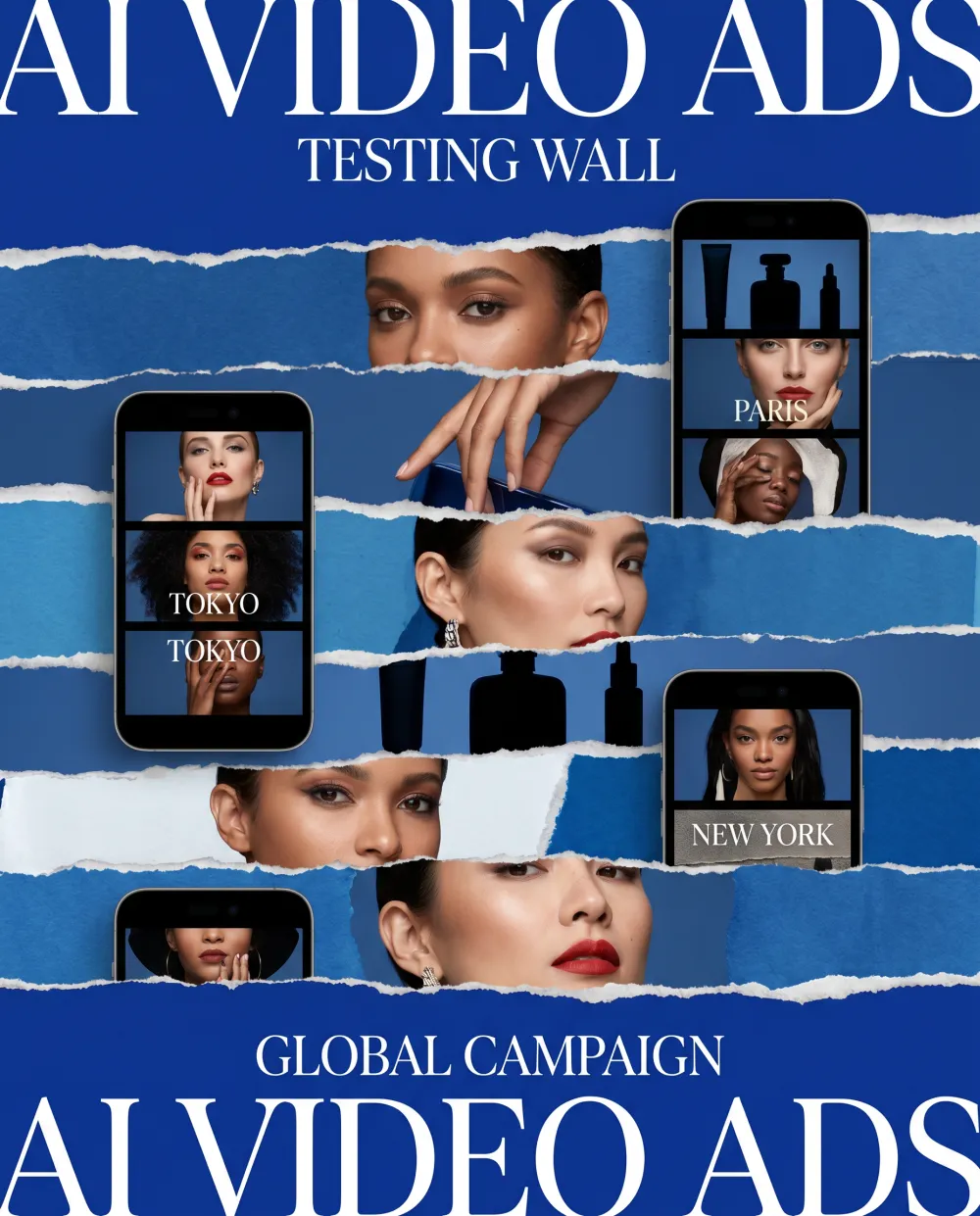 Phone-size testing wall for AI video ads with localized campaign frames