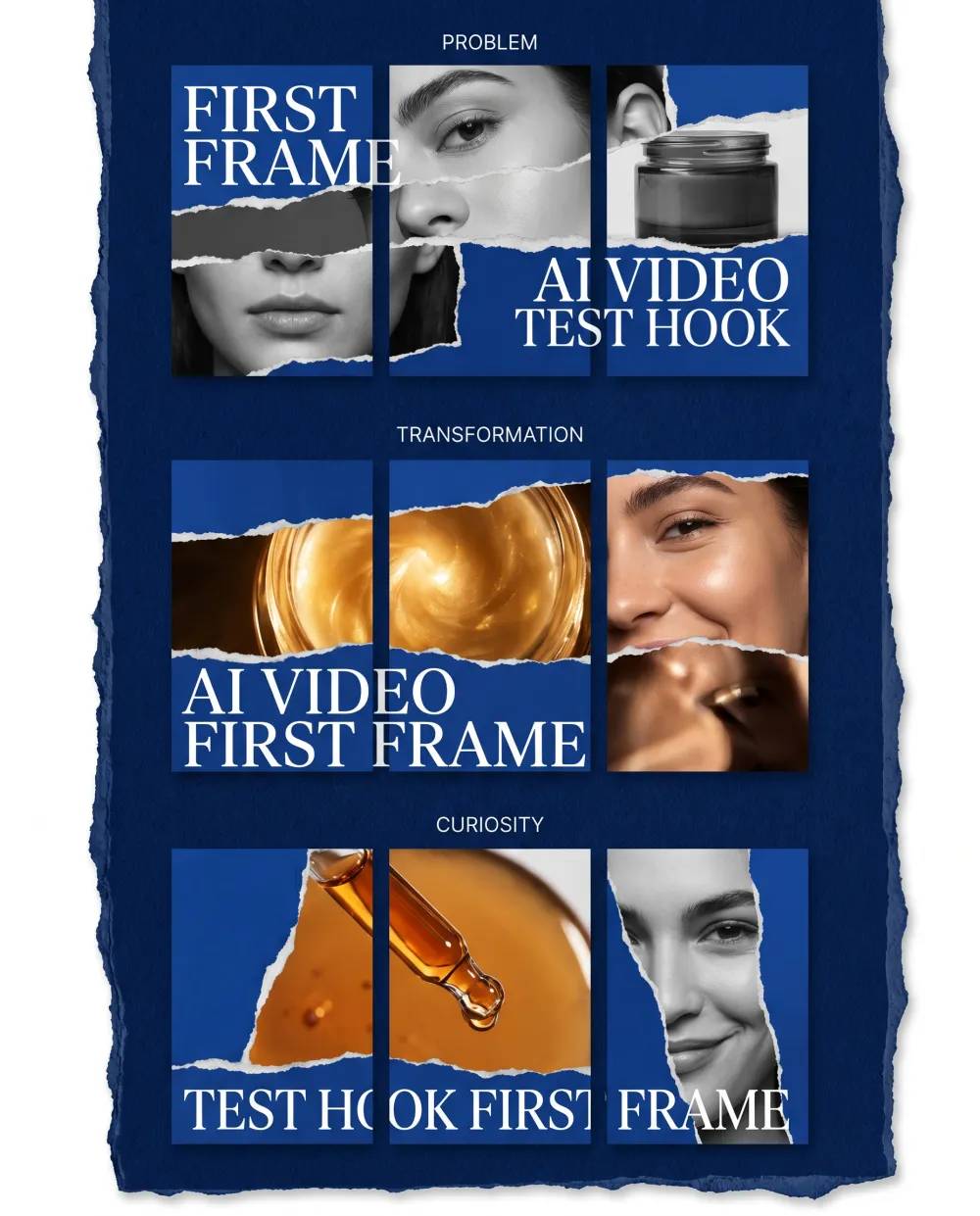 Torn-paper magazine layout showing three first-frame AI video ad directions