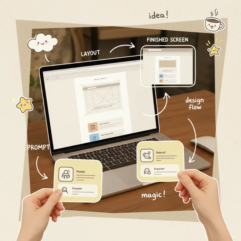 AI front-end workflow as warm hand drawn doodle collage