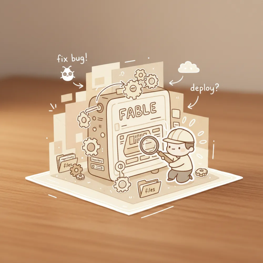 Fable 5 engineering workshop in warm doodle sticker style
