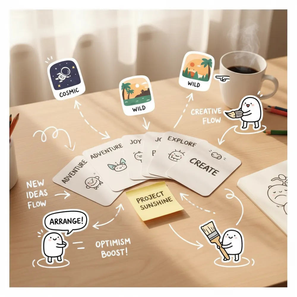 Prompt cards turning into campaign images with warm doodle stickers