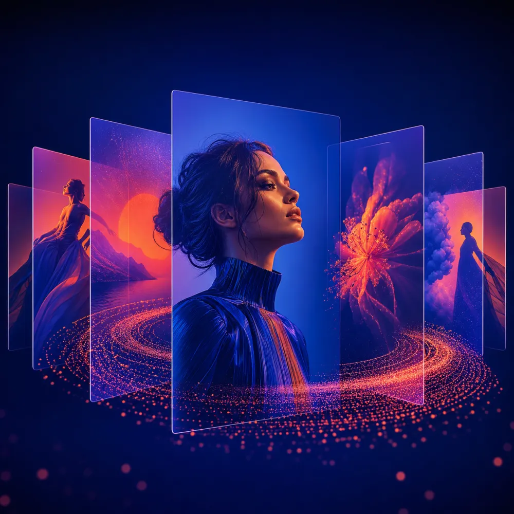 A natural creator-led ad scene with a phone and AI editing interface.