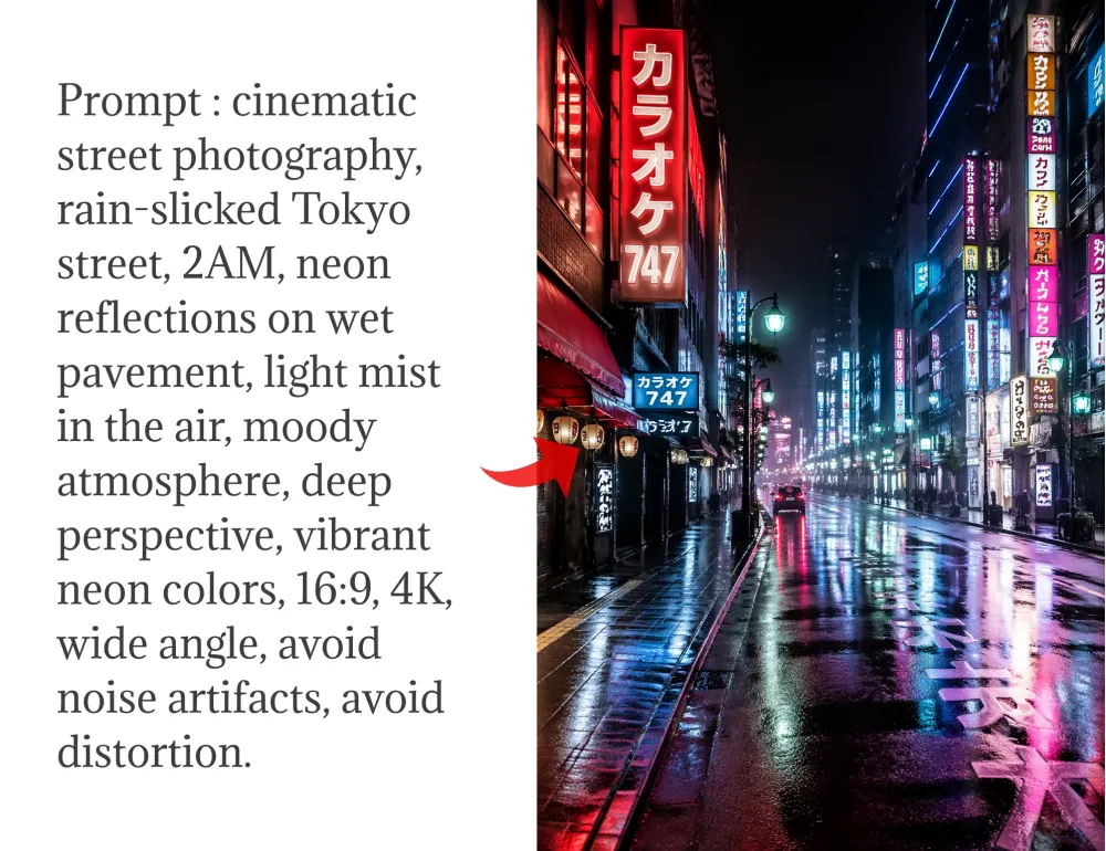 Rainy Tokyo street, neon reflections, night mist.