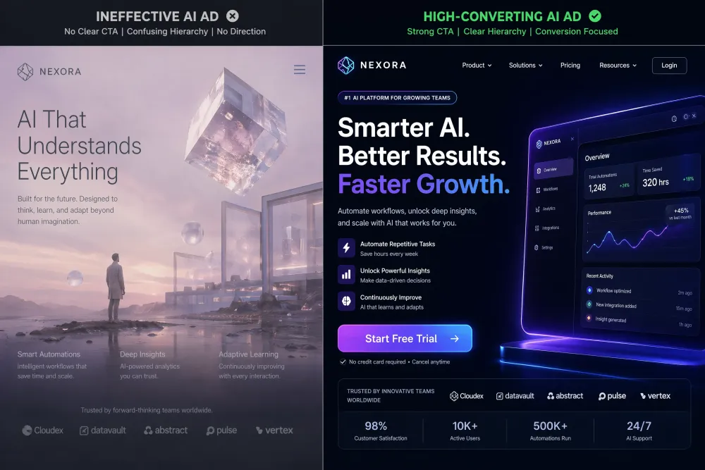 An AI-generated marketing asset with a clear call-to-action (CTA) pointing to a target page