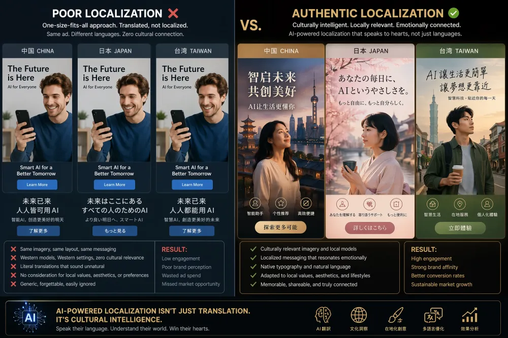 The same ad creative localized into multiple language and market-specific visual versions