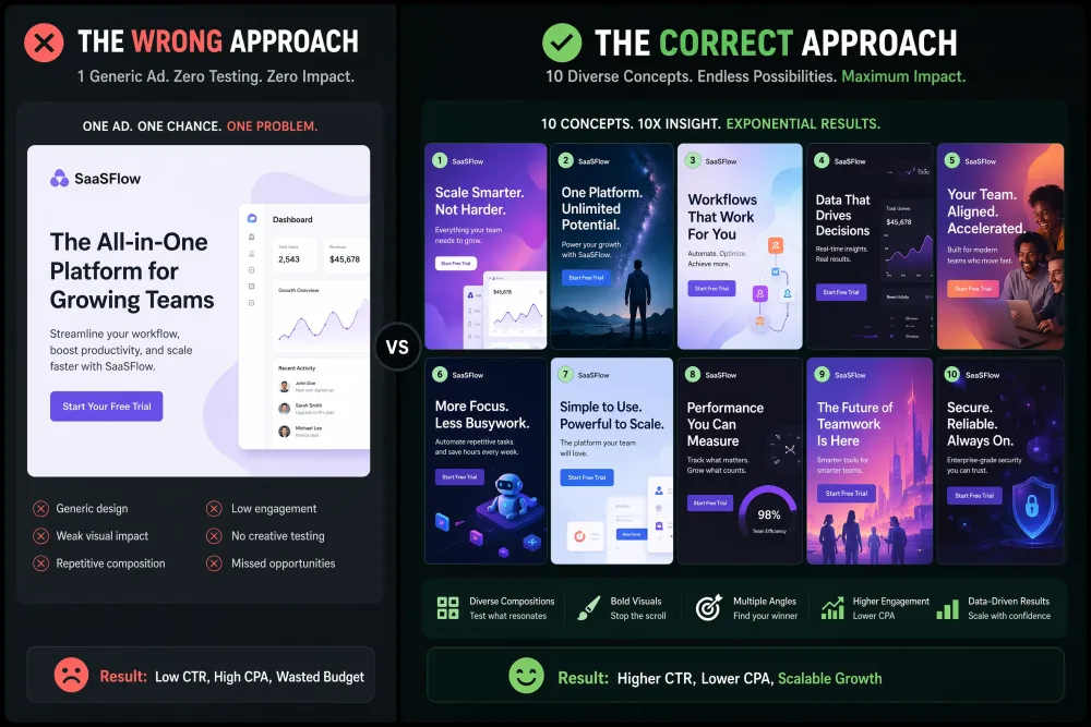 Multiple AI-generated creative variations displayed side by side for fast A/B selection
