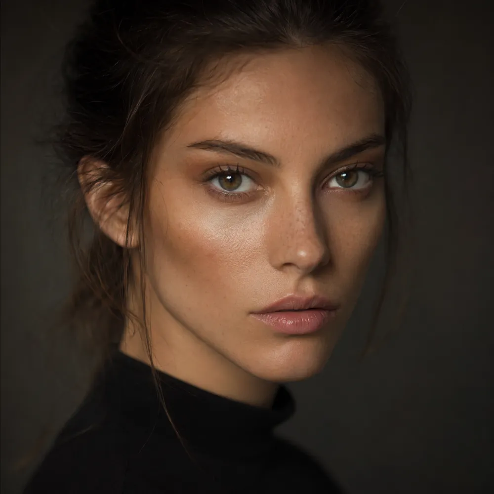 Cinematic close-up portrait generated by Nano Banana 2 Pro with ultra-realistic skin texture and soft rim lighting